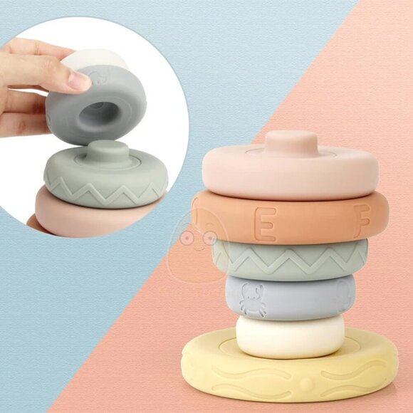 Mini Tudou Silicone 6 Pcs Stacking & Nesting Circle Toy Pastel - Picture 5 of 9